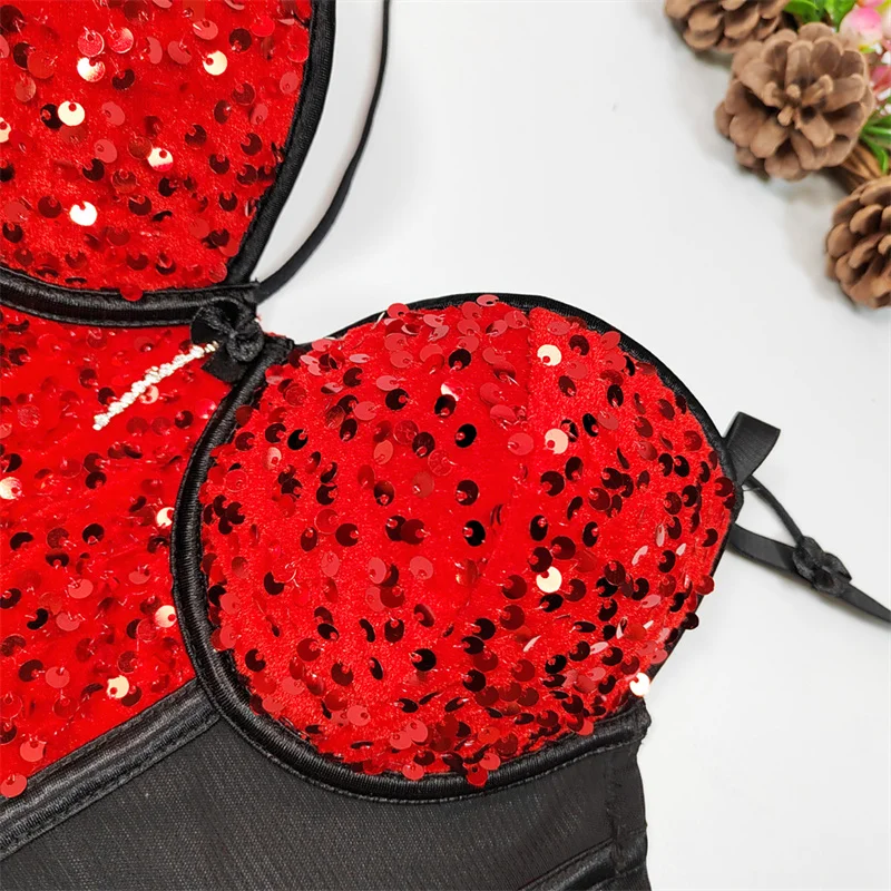 Mesh Velvet Sequined Women Crop Top Sexy Sleeveless Corset Camisole Summer Slim Skinny Bra Embroidery Ladies Sling Tube Top