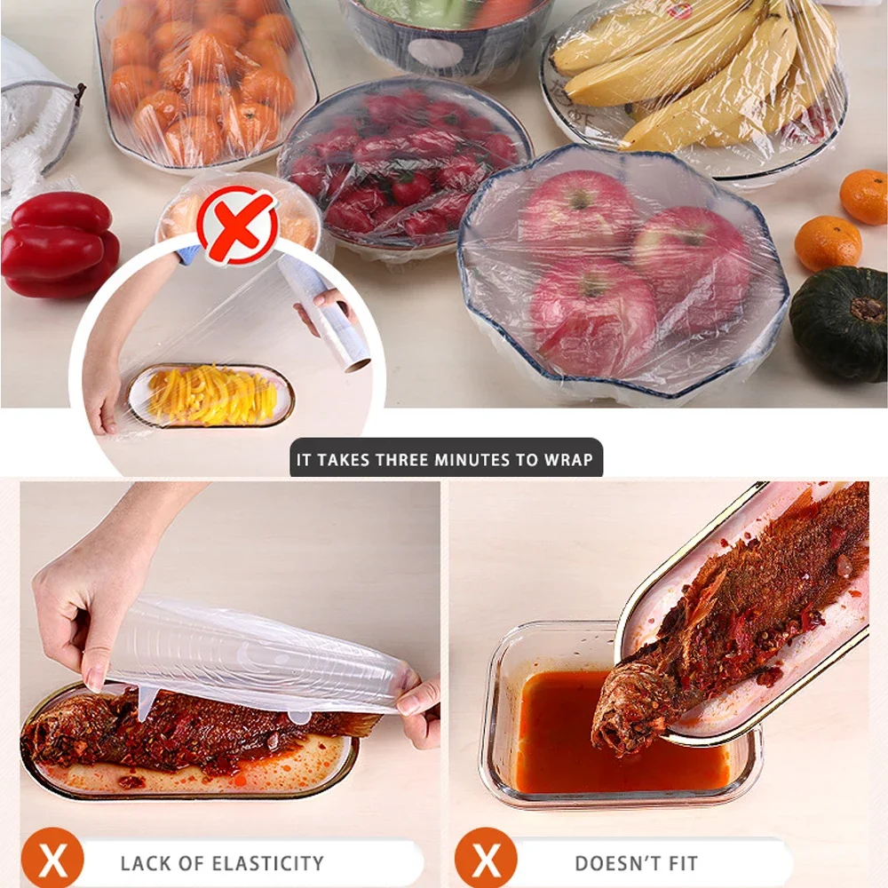 100Pcs Disposable Plastic Wrap Fresh-Keeping Film Cover Bowl Covers Bag Food Fresh Seal Dust-Proof Vacuum Bag Kitchen Accessorie