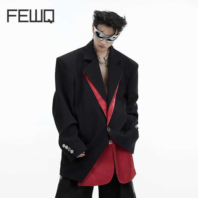 

FEWQ Niche Design Men Suit Jacket Shoulder Pad Silhouette Simple 2023 Highh Street Contrast Color Long Sleeve Male Tops Autumn