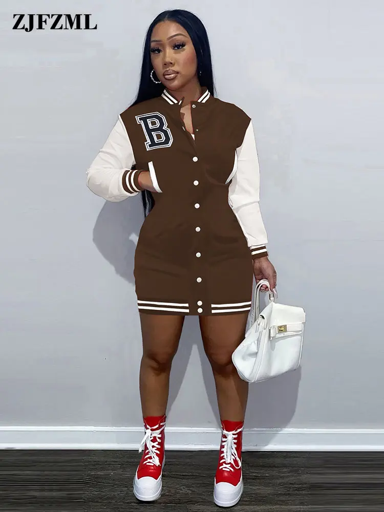 Preppy Style Women's Baseball Varsity Dresses Casual Letter Embroidery