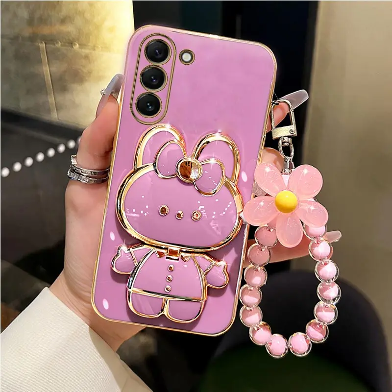 Elegant Mirror Rabbit Flower Strap Phone Case with Stand Cover