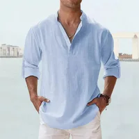 Chemisier d'été en lin pour hommes, col haut, manches longues, maillot de corps ample, couleur unie, chemise en coton et lin, vêtements pour hommes 2