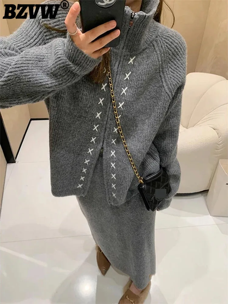 

BZVW 2023 Autumn/Winter New Designer Sweater Coat Women's Set Casual Knitted Skirts Fashion Trendy Two Piece Set Female 25X3678
