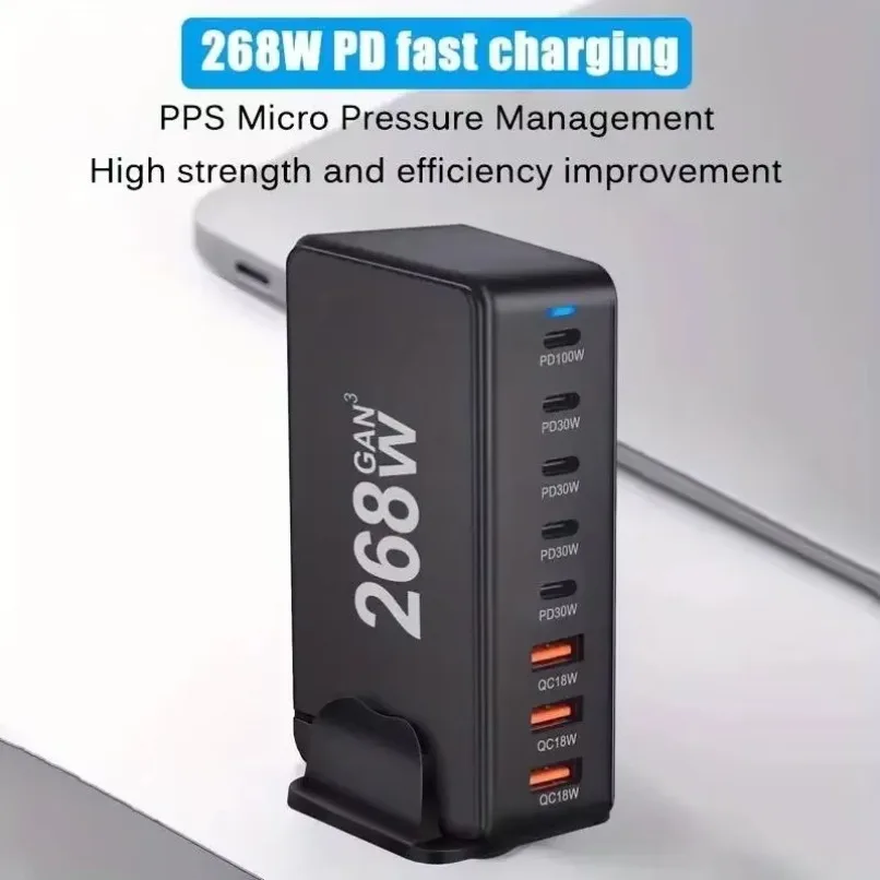 Phone Charger Station 268W Power Adapter 8-Port Fast Charging 100W PD QC3.0 for Phone Tablet Laptop Home Travel Office USB Type-C Dock