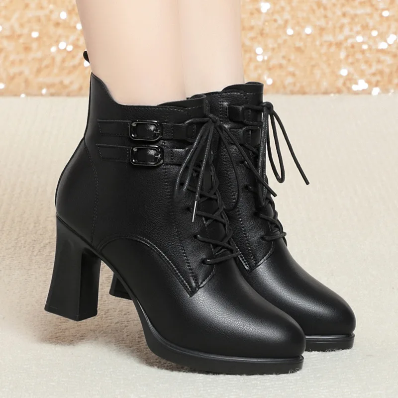 Ankle Boots Winter Office Shoes Womens Lace Up Office Ladies Black