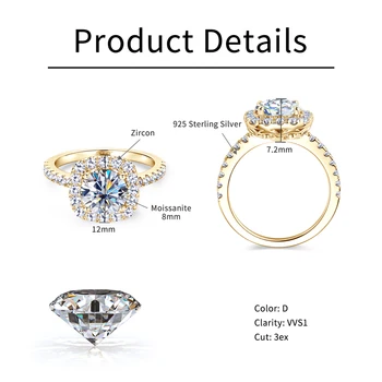 2CT D Color Moissanite Ring s925 Sterling Silver Brilliant Diamond Halo Engagement Rings for Women Fine Jewelry Gifts 5