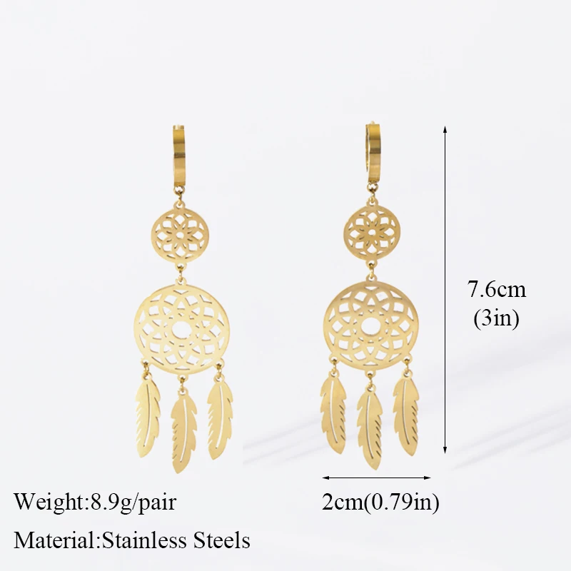 EILIECK 316L Stainless Steel Feather Dream Catcher Dangle Earrings For Women 2024 New Fashion Ear Drop Waterproof Jewelry Gift 2