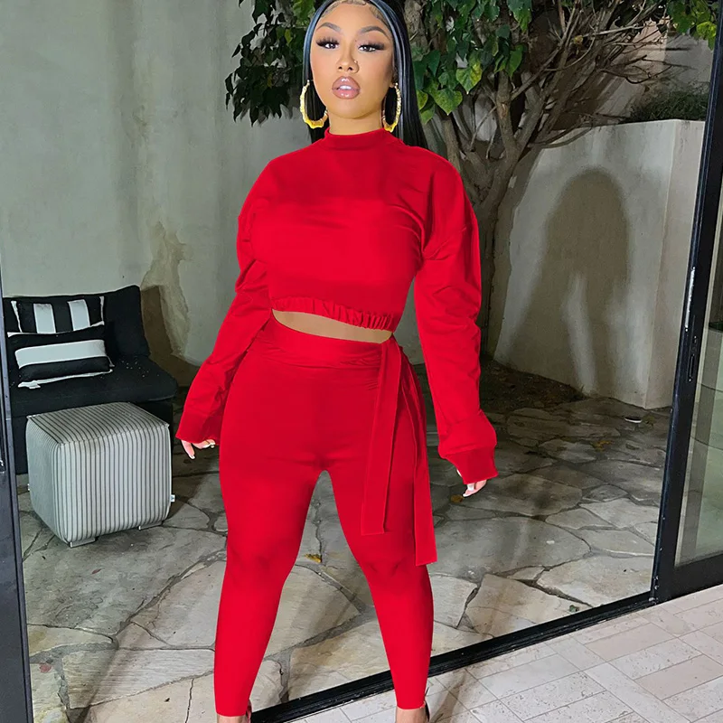 

Casual Streetwear Two Piece Set Fall Outfits Women Long Sleeve Crop Top and Lace-up Pant Sets Elegant Matching Sets Jogger Suits