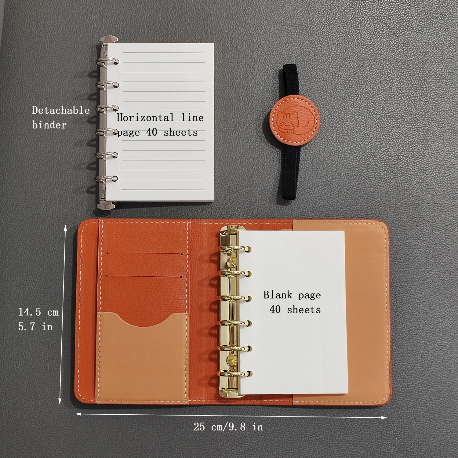 Cute cat A7 notebook retro brown detachable loose-leaf notepad 2 binders portable leather schedule planner，whith 80 pages 6