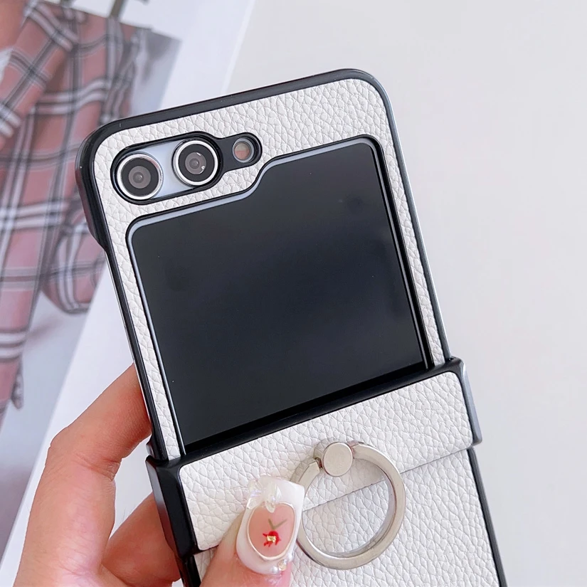 Elegant Lichee Pattern Leather Ring Holder Case with Hinge Cover