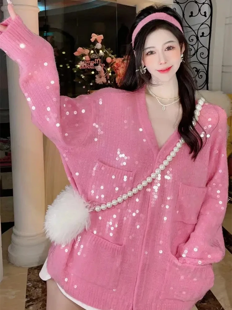 

Autumn and Winter New Design Sense Elegant Knitted Sweater Women's Heavy Embroidery Sequins Long Sleeve Cardigan Jacket