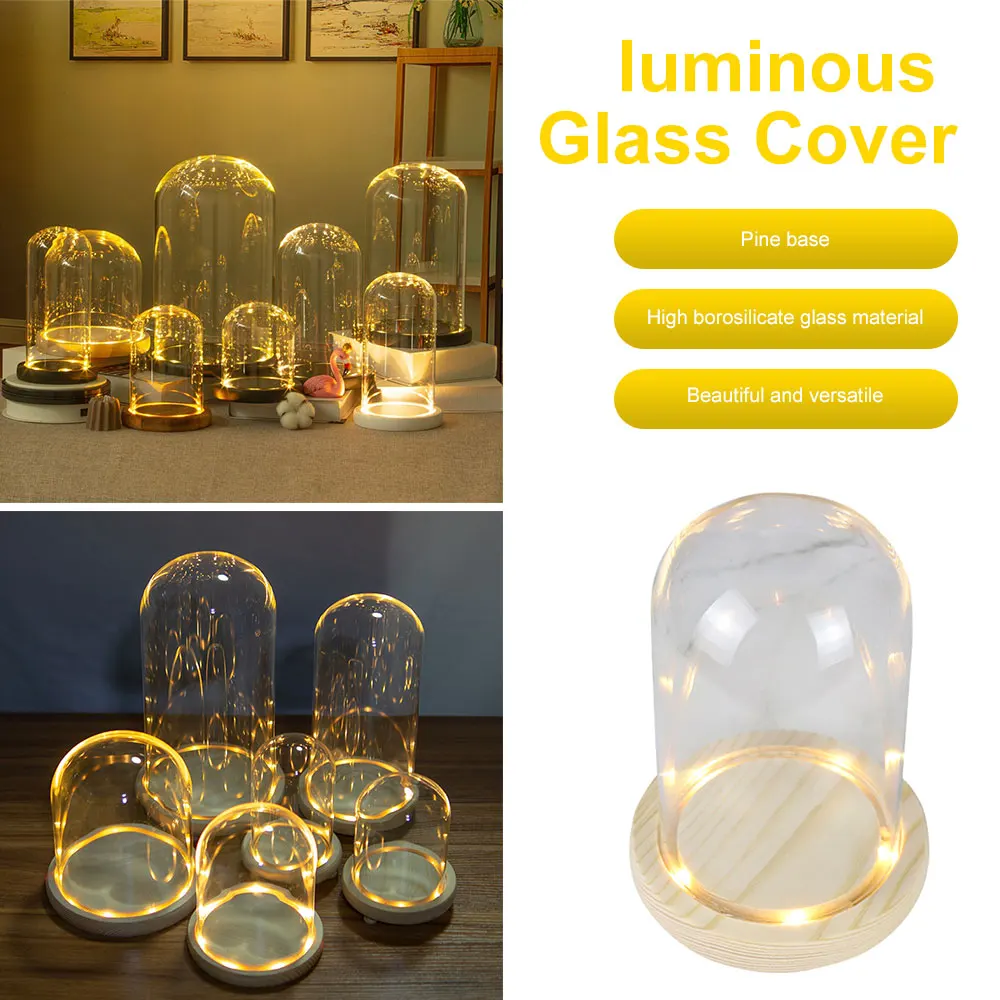 Glass Flower Cover Cloche Bell Jar Dome Wooden Base DIY Everlasting Flower Glass Cover Desktop Ornaments Vases Container Holder 2