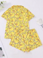 Yellow duck print pajama set Comfortable short-sleeved lapel top and elasticated waist shorts Women's loungewear - Image 2