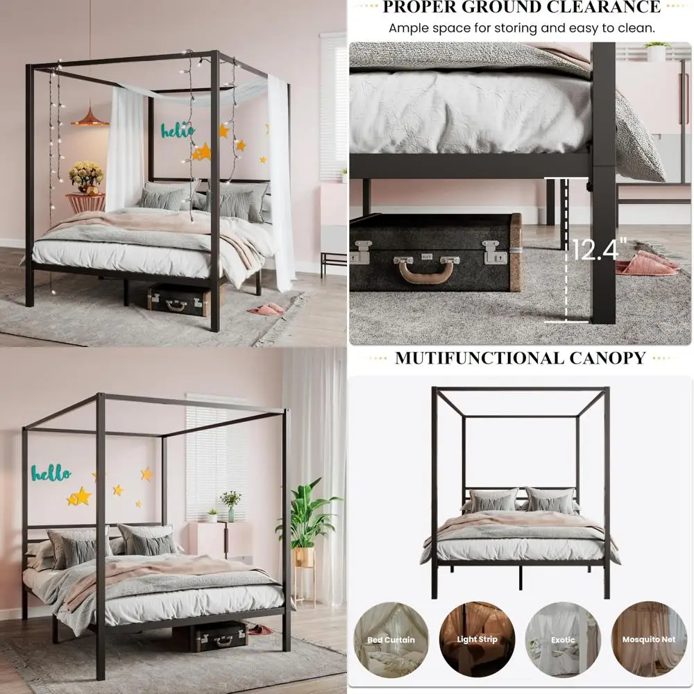 Queen Size Canopy Bed Frame with Metal Slat Support, No Box Spring Needed,  Easy Assembly, Black - AliExpress, image size:1000x1000