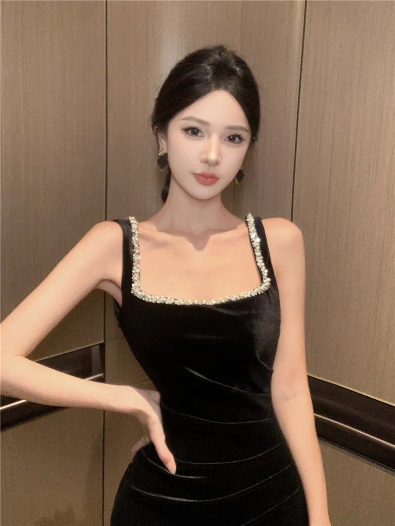 Elegant Bodycon Sleeveless Black Velvet Dresses for Women Diamonds High Slit Evening Party Dress Prom Robe One Piece Vestido New