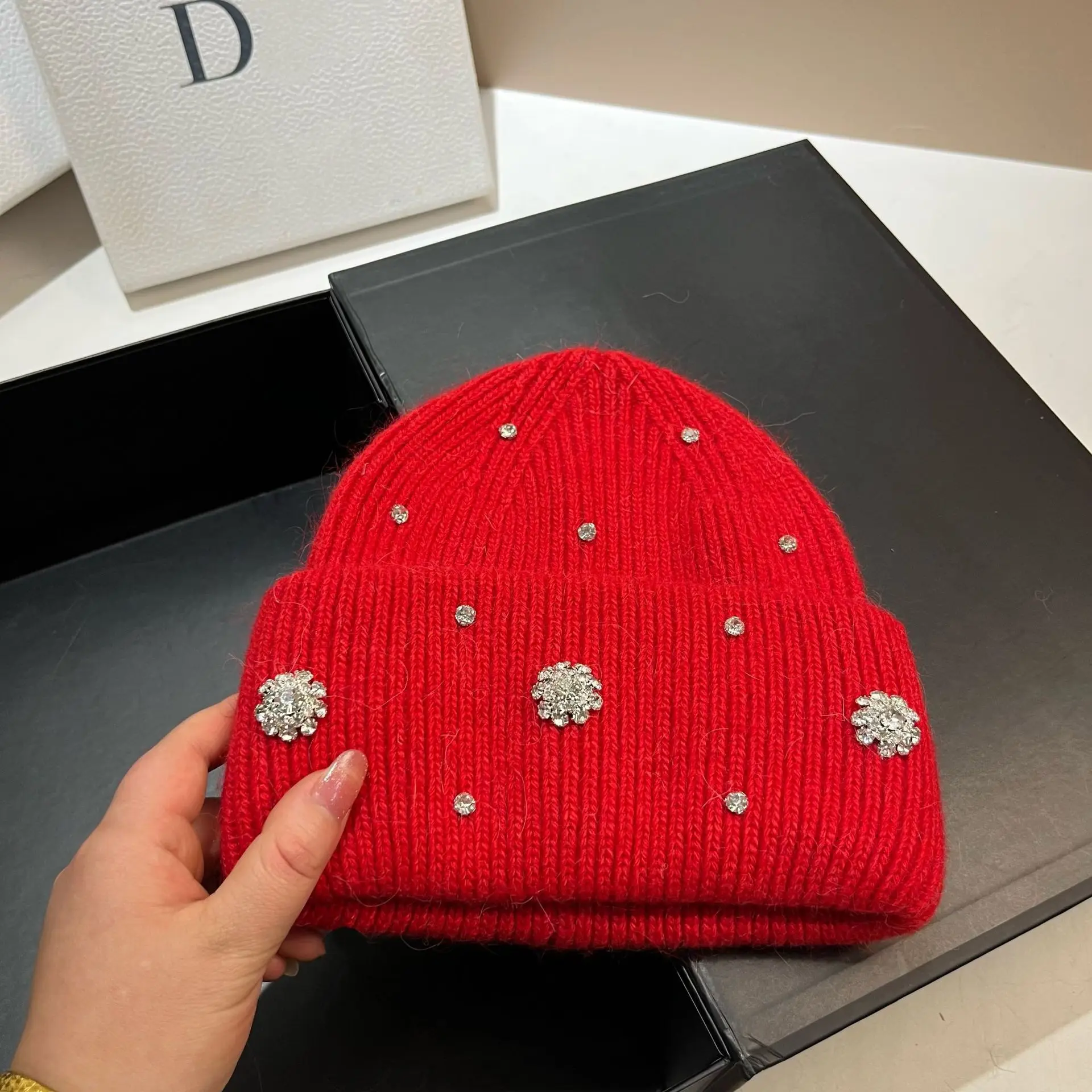 Luxus Strass Echt Kaninchen Fell Gestrickte Hüte für Frauen Winter Warme Wolle Skullies Beanies Dame Casual Beanie Motorhaube Skifahren Kappe – Detail 20