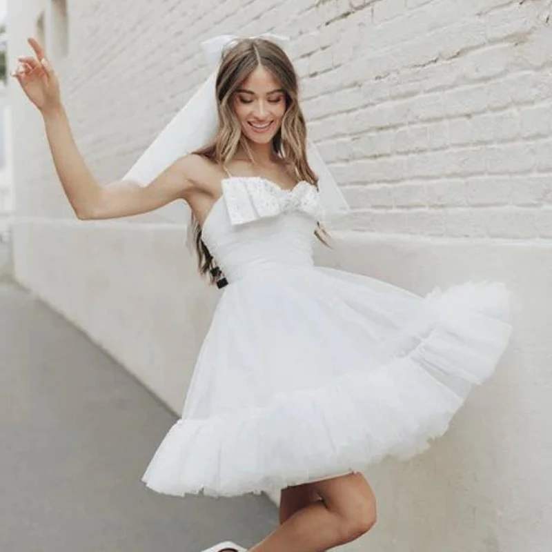 

Simple Tulle Wedding Dresses for Woman A Line Sleeveless Vestidos De Noiva Spaghetti Straps Bow appliques Mini Bridla Gowns