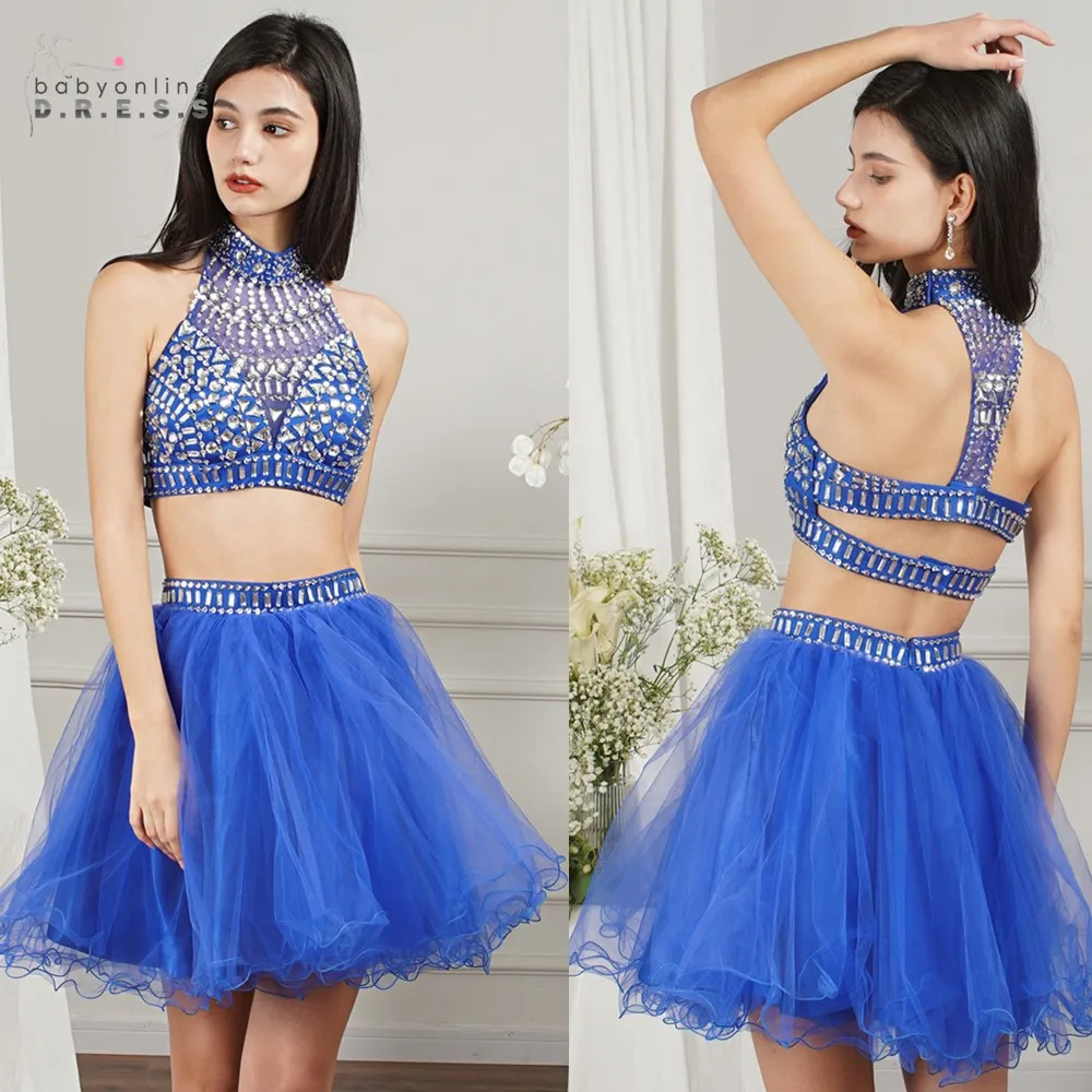 Royal Blue Cocktail Dresses Crystal Beaded Short Graduation Robe De Soiree Mini Two Pieces Girl Party Wear Homecoming Dresses