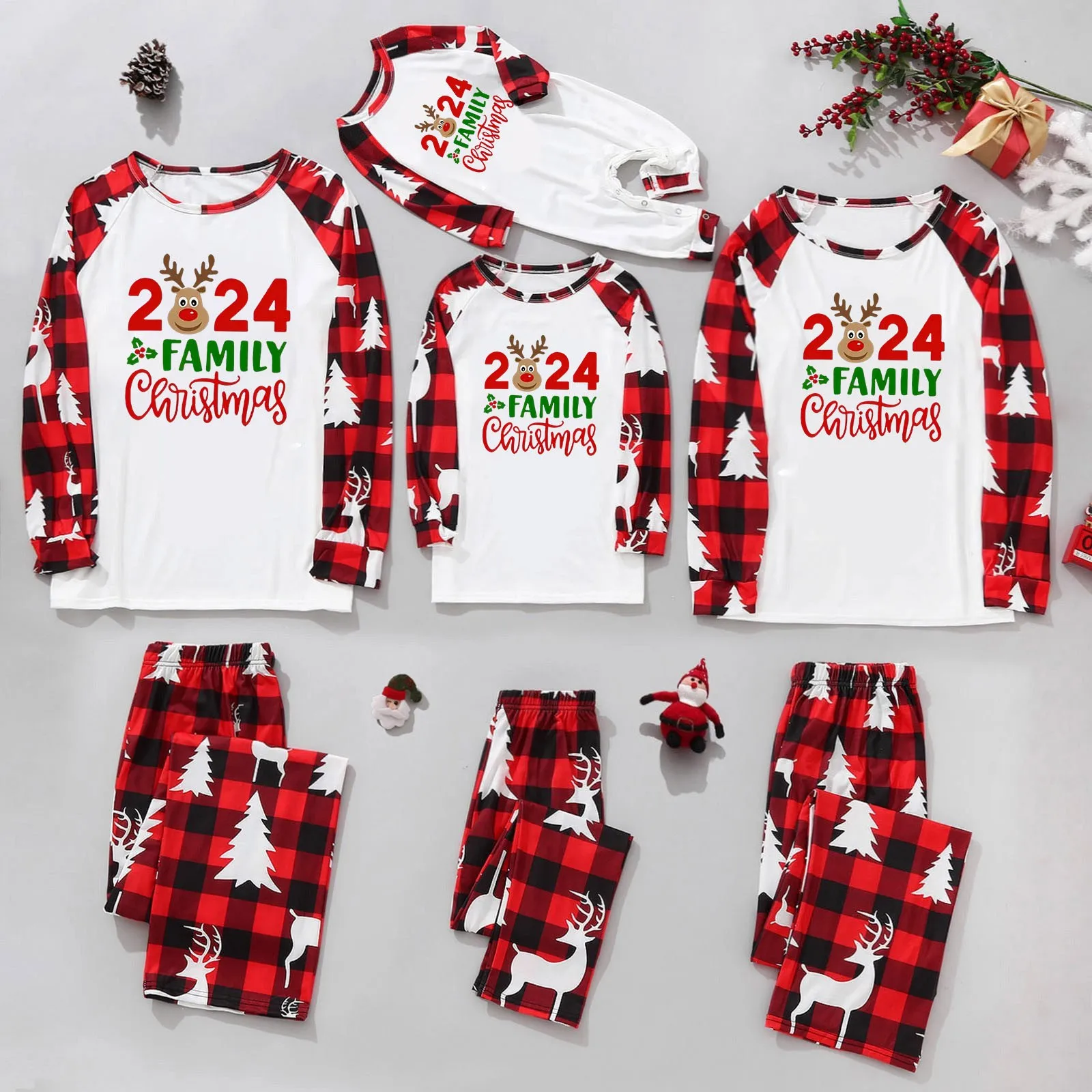 thumbnail image 2 of Conjunto de 2 piezas de ropa familiar con estampado de camisetas de manga larga y pantalones largos, trajes a juego para la familia, pijamas de fiesta de ocio navideño, 2 of 5