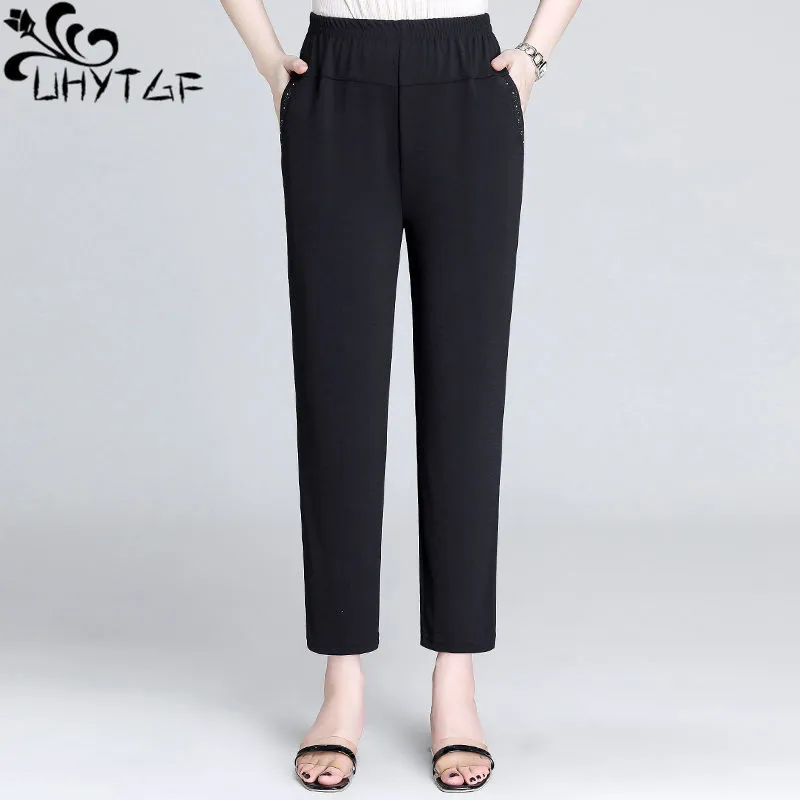 

UHYTGF Summer Ice Silk Middle-Aged Elderly Pants Womens High Waist Elastic Straight Cylinder Casual Ladies Nine Points Pants 285