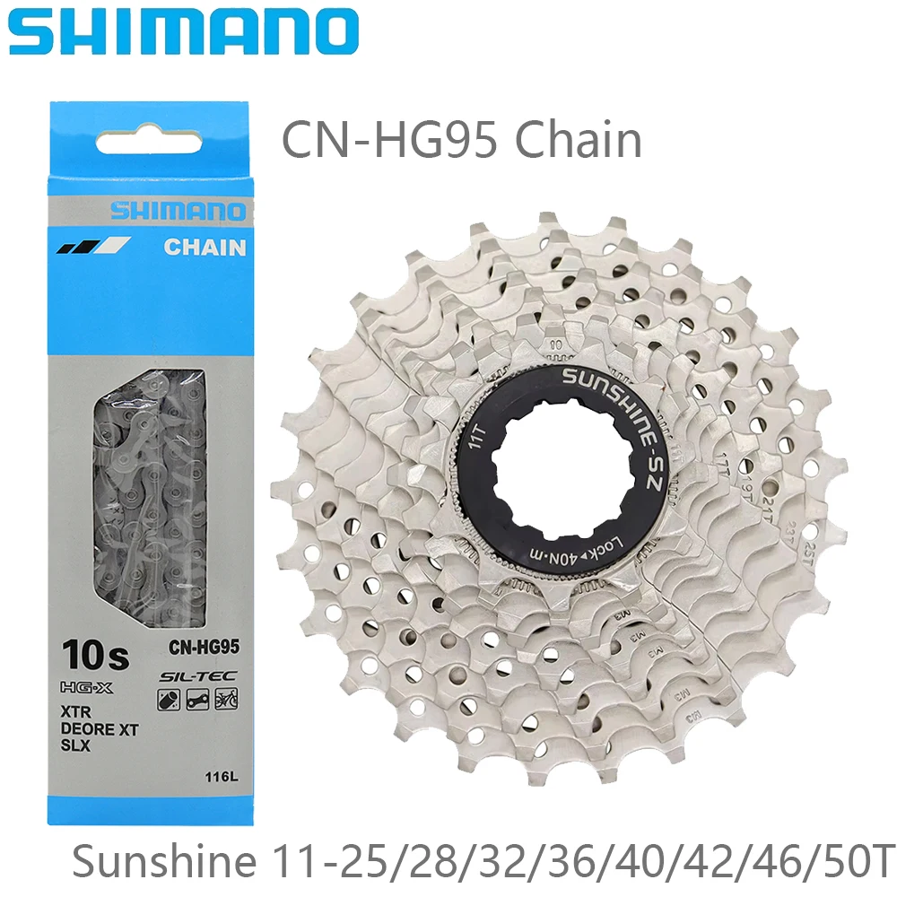 SHIMANO 10 Speed CN-HG95 116L Bicycle Chain Sunshine 11-25T/28T/32T/36T/40T/42T/46T/50T Cassette Sprocket for MTB Bike Parts