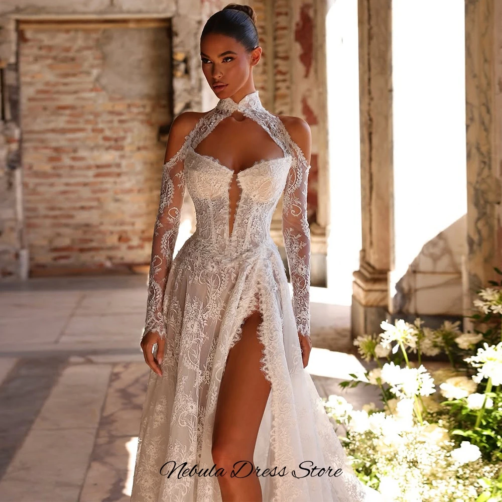 Elegant Customized Long Sleeves High Collar Wedding Dress Charming Appliques Lace Bridal Gowns Sexy Side Slit Vestido De Novia