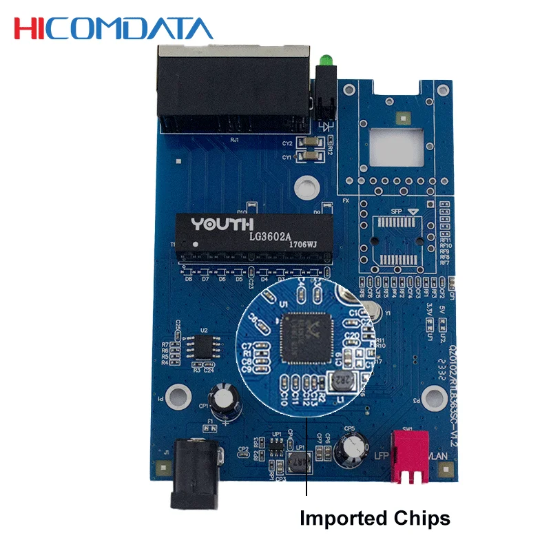 HICOMDATA 1000M Fiber Optic Converter Gigabit 2 Rj45 1 Sfp Bidi 20km Sc Port Optical Network Media Transciever PCBA