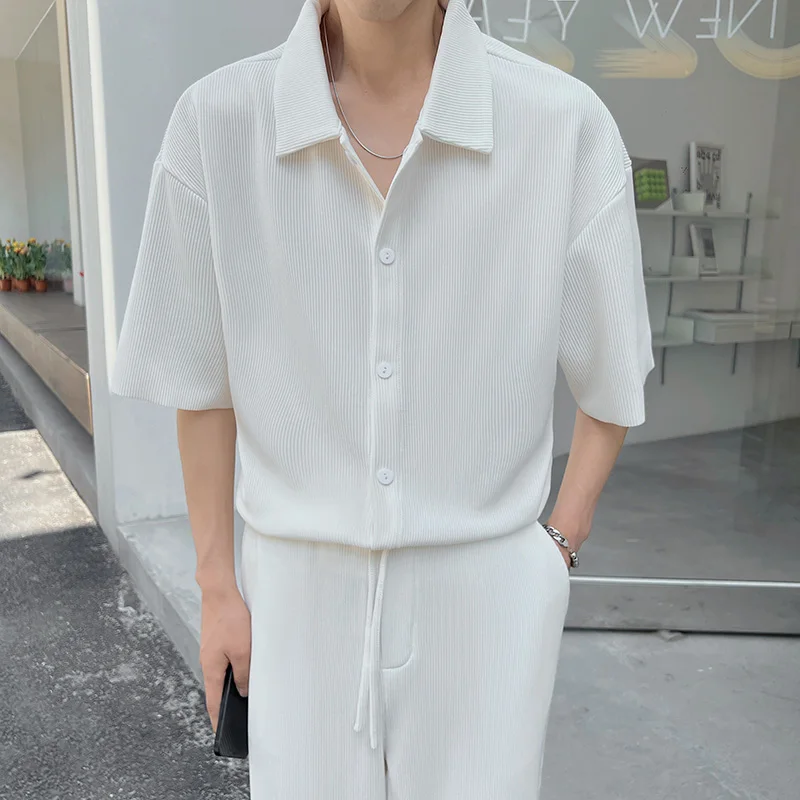 Pleated Sets Men Slim Fit Fashion Short sleeved Shirt/Pants Two Piece Men Korean Casual Set Mens Solid Color Dress Sets M-3XL pleated sets men slim fit fashion short sleeved shirt pants two piece men korean casual set mens solid color dress sets m 3xl