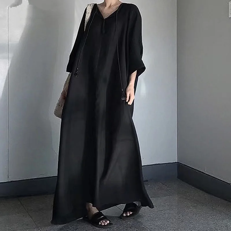 Muslim Abayat DressV Collar Loose Cotton and Linen Solid Color Simple Fashion Casual Women's Dress Japanese and Korean Style