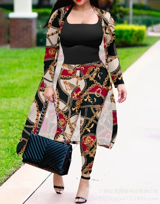 Women's long sleeved printed coat, cape and tight pants two-piece set, 2024 Spring/Summer New Women's Fashion Casual Daily Set