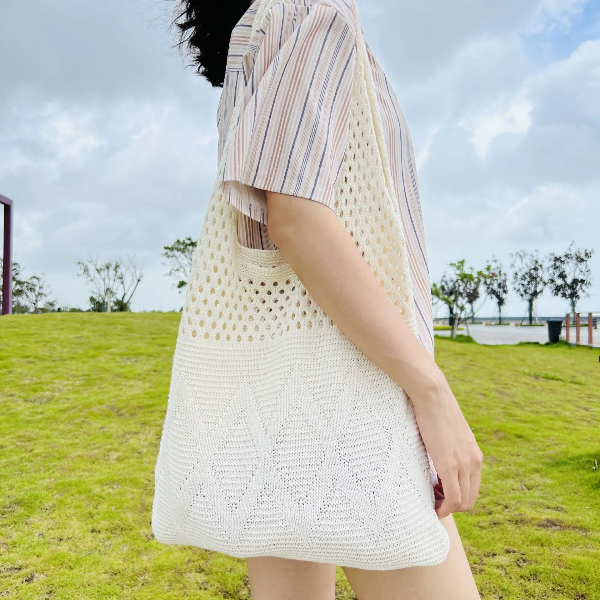 Soft Knit Fabric Cloth Shoulder Bag Summer Bright Solid Color Tote Diamond Lattice Shape Pattern Hollow Out Fashion French Style