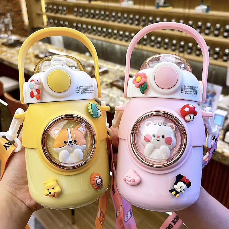 

700ML Stainless Steel Children's Water Bottle Cartoon Cute Boy and Girl Straw Water Bottle Portable Student Thermos Cup