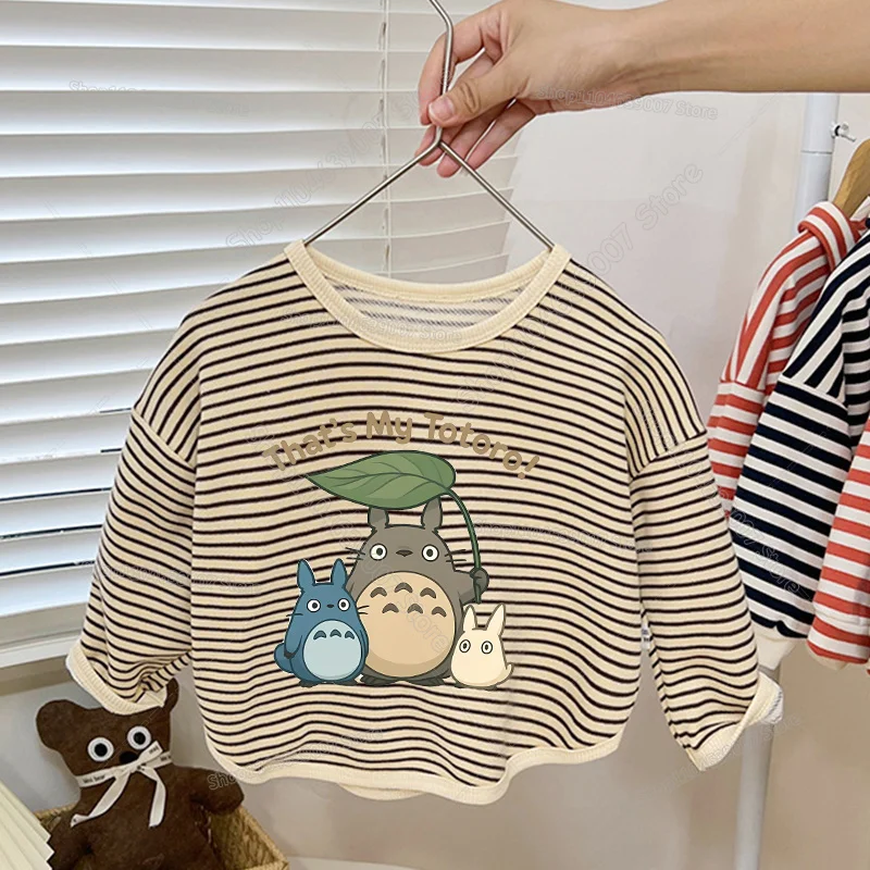 Adorable Cartoon Print Toddler Girl Long Sleeve Striped Tee - Kids Autumn & Spring Top