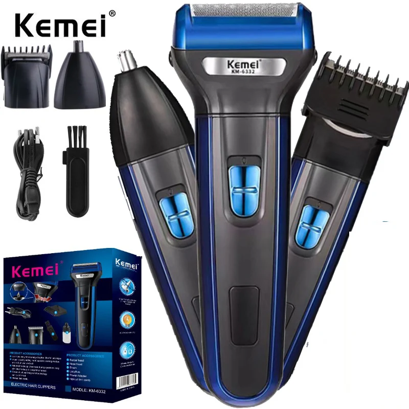 

Kemei Multifunctional 3 In 1 Electric Foil Shaver Rechargeable Cordless Hair Clipper Beard Nose Hair Trimmer Razor Grooming Kit