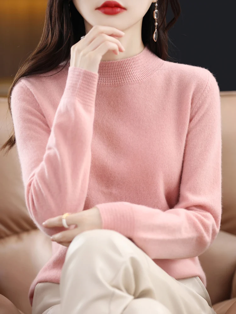 

Grace Slim Spring Autumn Mock-Neck Cashmere Merino Wool Twisted Sweater Women Knitted Pullover Fashion Clothing Kintswear Tops