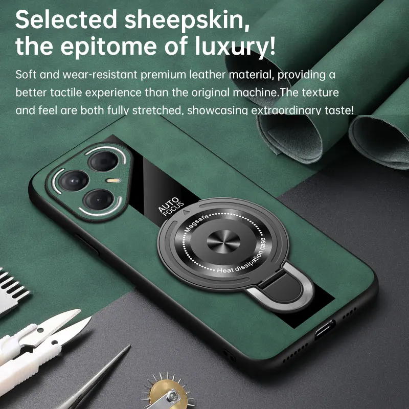 Luxury Shockproof Sheepskin Leather Magnetic Ring Holder Phone Case