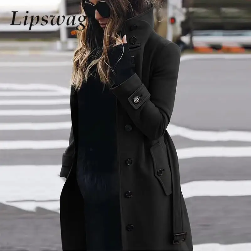 

Winter Vintage Button Pocket Belt Trench Outwear Women Casual Long Sleeve Solid Overcoat Lady Autumn Fashion Slim Fit Wool Coat