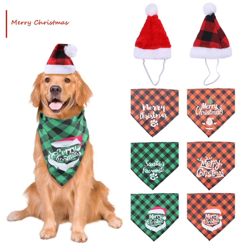 

Рождественская шапка YOUZI для домашних животных, клетчатый слюнявчик, набор полотенец, мягкие удобные дышащие аксессуары для костюма домашних животных для кошек и собак