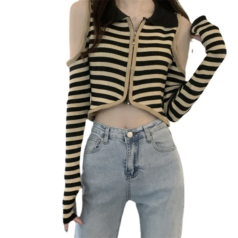 Women Striped Knitted Cropped Sweater Pullover
