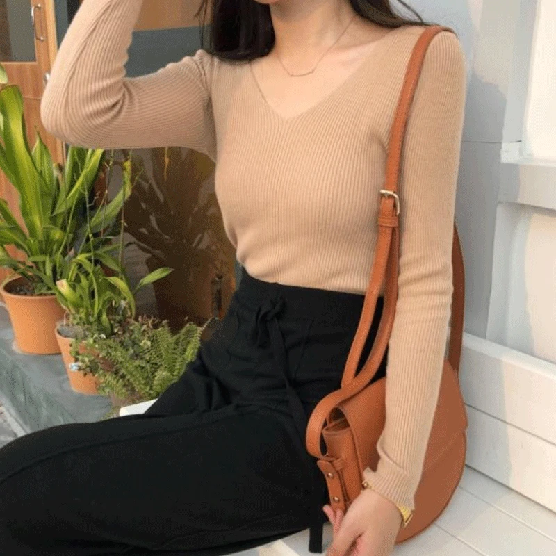 2024 New Summer High Waist Solid Color Women's Shirt Elegant Fashion Knitting Loose Casual V Neck Long Sleeve Simplicity Tops