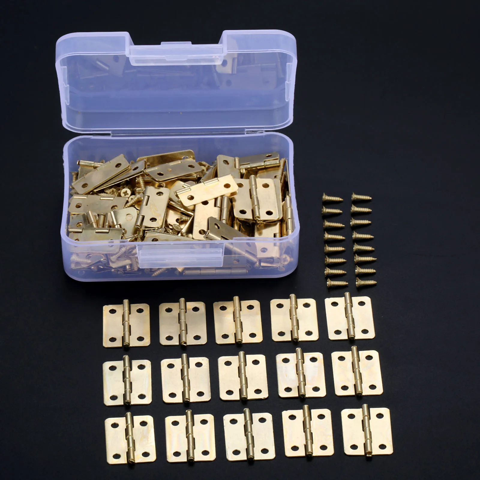 Dobradiças em Ferro e Ouro com Furos Dobradiça Arredondada Mini Móveis Caixa de Madeira Ferragens Estojo 400 Parafusos 23×19 mm 100 Peças