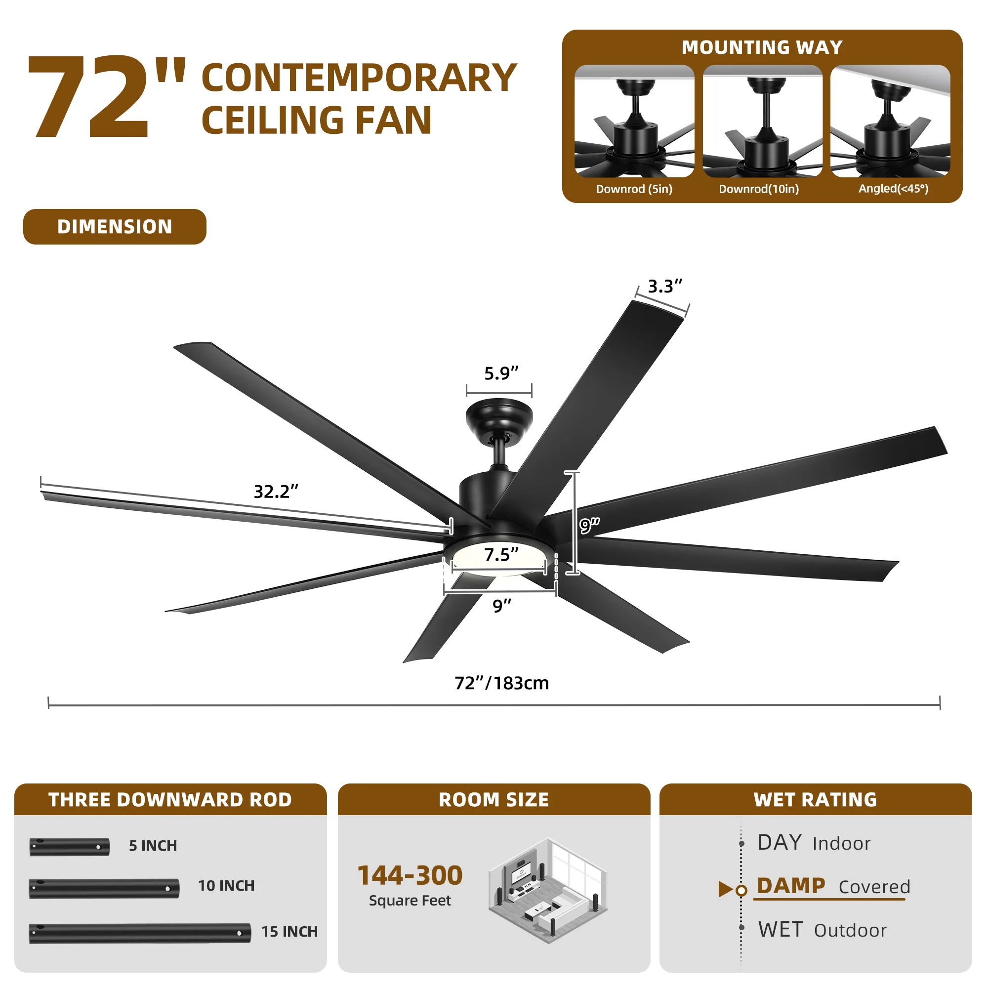 72" Modern Ceiling Fan Reversible 6 Speeds Quiet Motor w/ Light & Remote Control