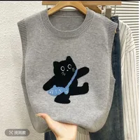 Sweater Vest Women Casual Embroidered Cartoon O-neck Sleeveless Pullover Autumn Winter Knitted Sweater Short Outerwear Tank Top