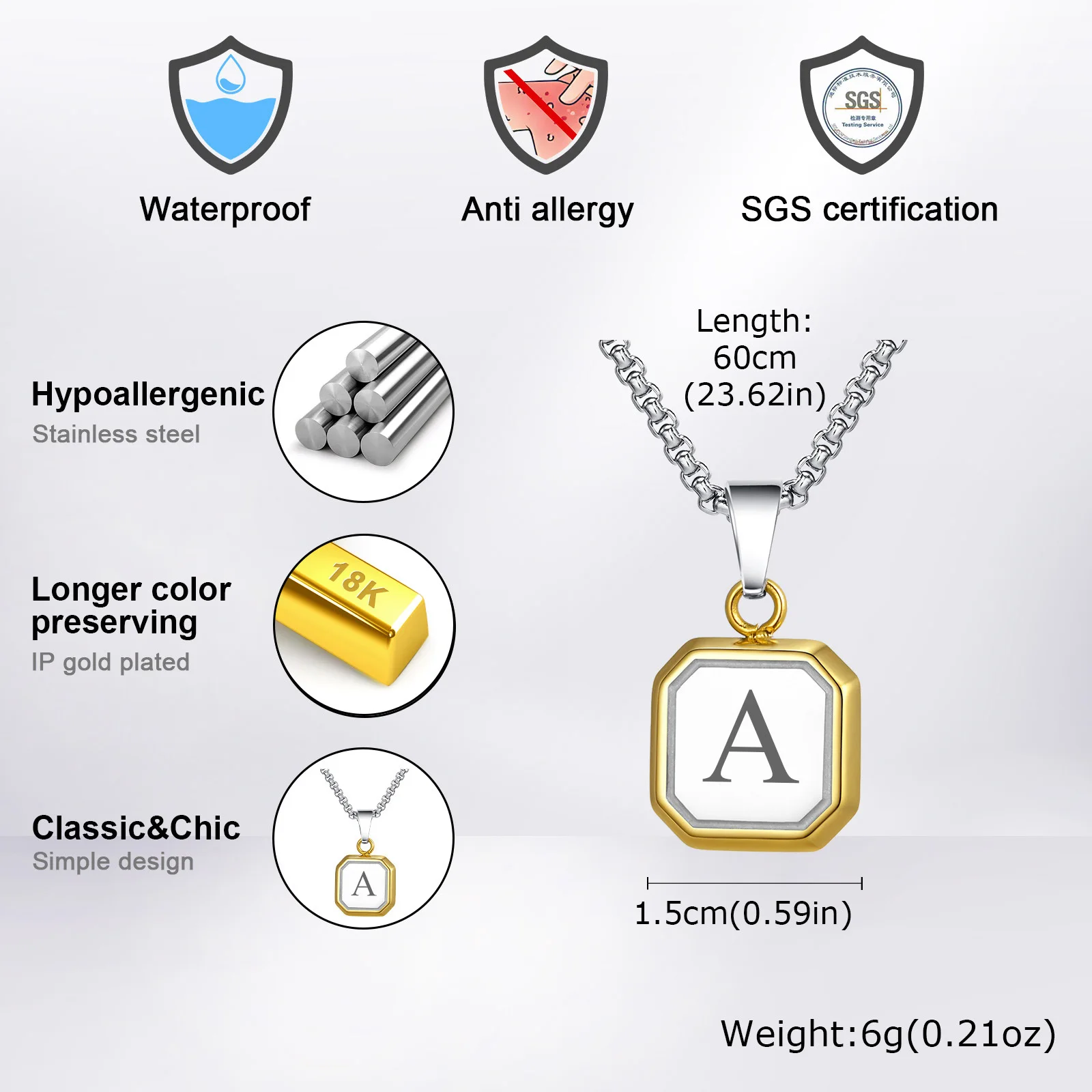 Stylish Alphabet Necklace for Men Boys,Waterproof Stainless Steel A-Z 26 Leters Collars,Name Initial Jewelry Gift