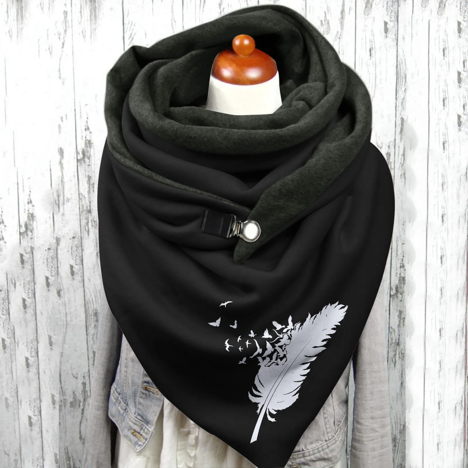 Women Shawl Button Scarf Autumn Winter Feather Score Pattern Printed Fleece Warm Scarf Double Layer Patchwork Triangular Scarf women unisex winter autumn warm ring scarf bandana solid scarf fleece men headband neck scarf shawl