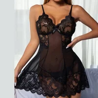 Chemise de nuit courte en dentelle pour femme, ensemble de lingerie sexy, sous-vêtements à bretelles, robe mince, costume de lolita, vêtements de nuit 4