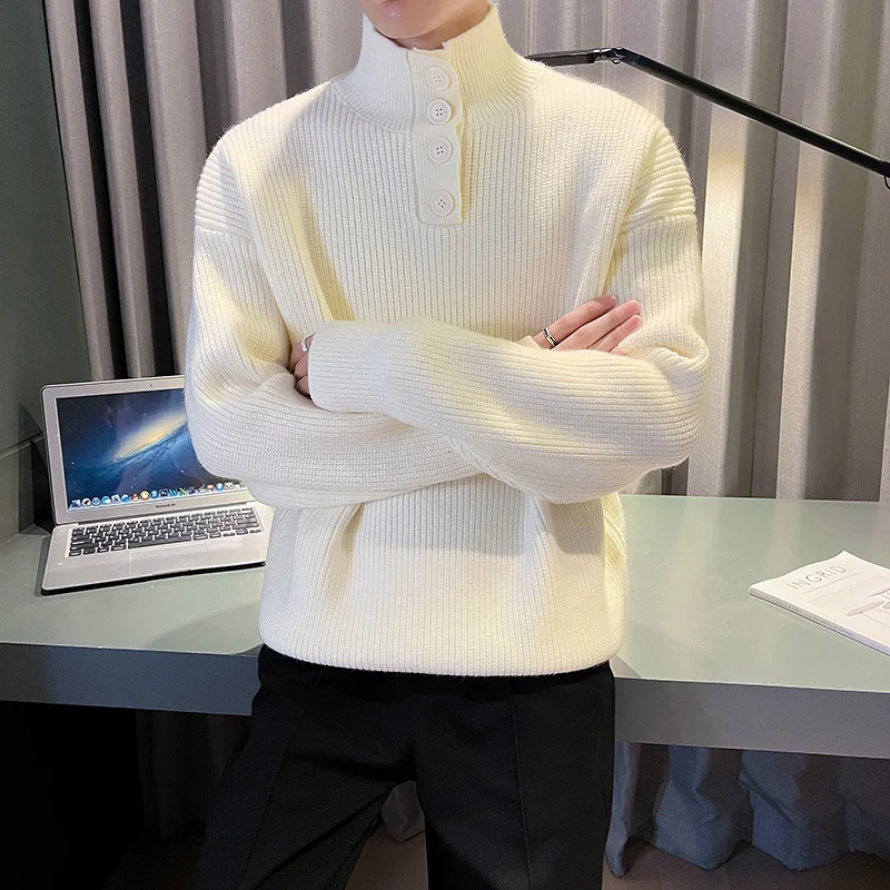 Winter Men\'s Highneck Sweater Thick Turtleneck Male Casual Knitted Pullovers Vintage Jumper Black Red White Knitwear Clothing
