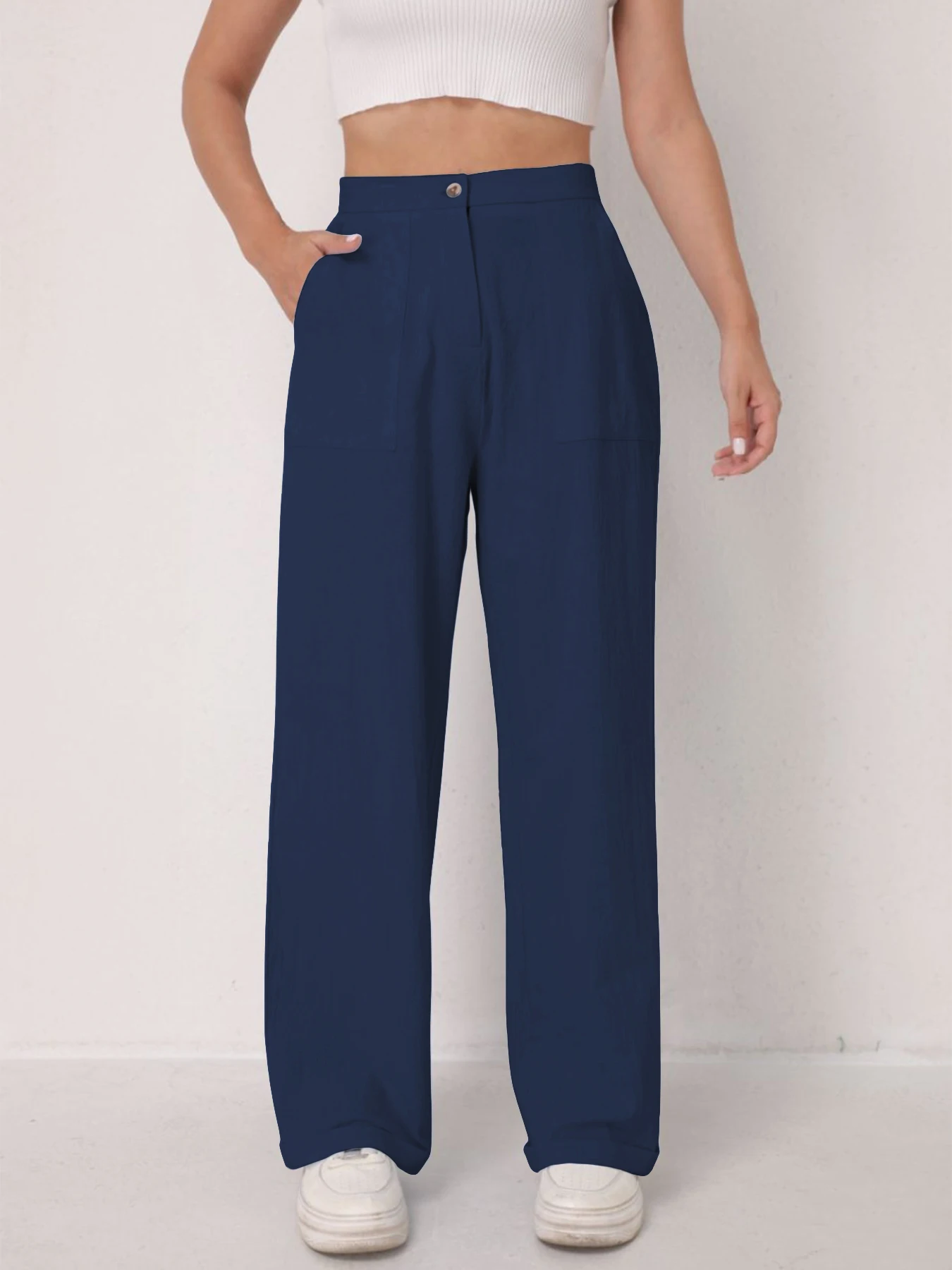 Damenhose in Unifarbe, Frühling und Sommer Hochgeschnittene Freizeithose für den Arbeitsweg, Einfache Weite Dreiviertel-Hose