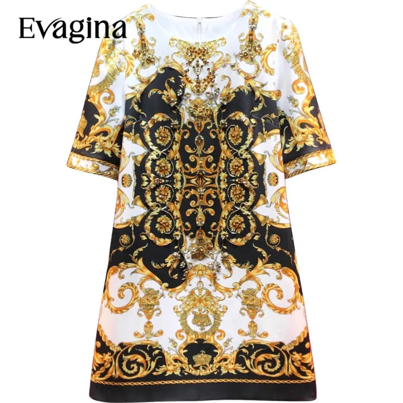 

Evagina инкрустация бриллиантами ногтей бисер винтажный принт женское роскошное мини-платье весна лето женские платья с коротким рукавом высокого класса