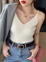Korea Summer Tops 2026 New Solid V-Neck Elastic Knitted Suspender Camis Women's Tanks Clothing Basics Shirt - Image 2
